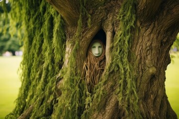 Wall Mural - mysterious figure in tree hollow