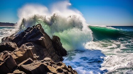 Wall Mural - Powerful ocean waves crashing against rocky coastline