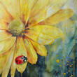 Yellow blossom flower with ladybug in close up in artistic water painting style