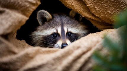 Wall Mural - Curious raccoon peeking out from behind a tree