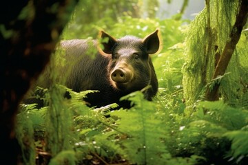 Wall Mural - curious wild boar in lush green forest