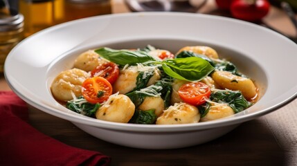 Wall Mural - Delicious gnocchi pasta dish with spinach and tomatoes