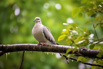 Canvas Print - Peaceful dove perched on branch in lush green foliage