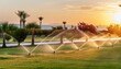 © Verdiana - Landscape automatic garden watering system with different rotating sprinklers installed on turf. Landscape design with lawn and fruit garden irrigated with smart autonomous sprayers at sunset time