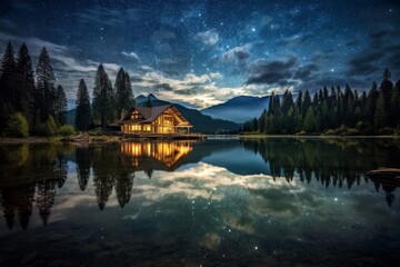 Canvas Print - Serene mountain lake cabin at night with starry sky reflection