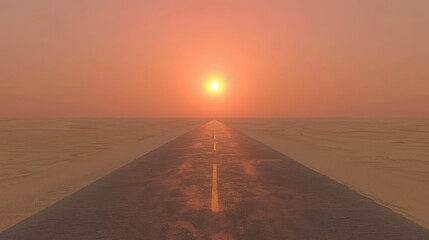Wall Mural -   The sun sets over a desert horizon, casting long shadows on a solitary road A distinct line of white marks cuts through its heart