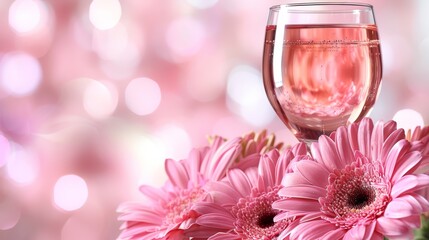 Wall Mural -   A tight shot of a glass filled with wine, pink blossoms nestled in front, surrounded by a backdrop of softly blurred lights