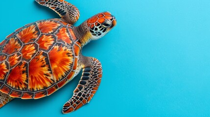 Wall Mural -   A tight shot of a turtle against a blue backdrop, its shell adorned with a red and orange tie-dye pattern