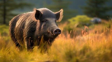 Poster - Curious wild boar in the grass