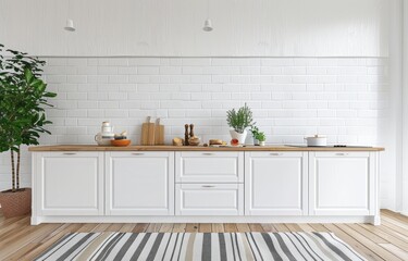 Wall Mural - 3D rendering of a white kitchen with cabinets and a wooden floor, in a minimalistic style. The wall is covered in white brick tiles.