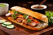 Delicious Vietnamese banh mi sandwich with pork, carrots, and herbs