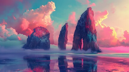 Wall Mural - A surreal seascape with giant rock formations rising out of the ocean under a colorful sky.