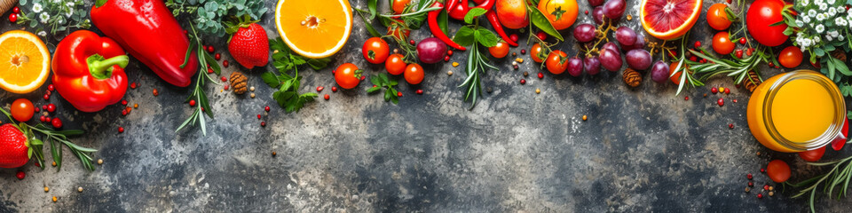 Canvas Print - A table full of fruits and vegetables including oranges, tomatoes, and peppers