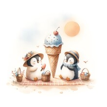 Two Penguins Are Sitting On A Beach, Wearing Straw Hats And Eating Ice Cream Cones.