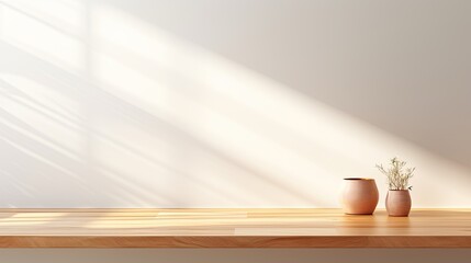 Wall Mural - Wooden Table with Vase and Plant, Soft Shadow on White Wall Background. Modern Minimal Studio Room with Empty Space for Product Display