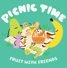 Picnic Snacks Outdoors Food Fruit Picnic Time Pear Banana Donut Cake Bread Bugs Placement Print Graphic Vector Artwork