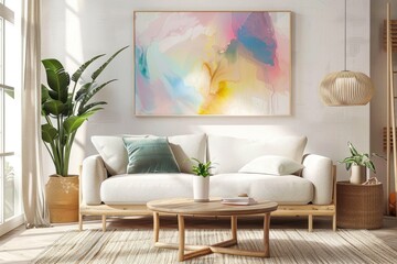 Wall Mural - Modern Living Room Interior Design with a Colorful Abstract Painting Displayed on the White Wall. Wooden Furniture, White Sofa, Coffee Table, Window, and Green Plant Decoration