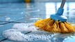 Cleaning equipment on a clean tiled surface. Concept Cleaning Supplies, Tiled Surface, Sparkling Clean, Household Chores, Organization
