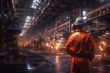 Wall Mural - engineer is inspecting work in a factory and wearing a safety helmet