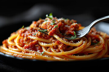 Wall Mural - Photo of Bolognese sauce on spaghetti. Created with Ai