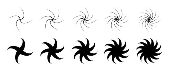 Poster - Different twist or swirl element set. Black twirling and rotating effect collection. Circular radial revolving whirlwind symbols bundle for graphic design. Tornado or whirlpool rotation pack. Vector