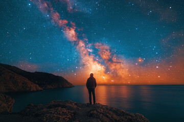 Wall Mural - silhouette of male standing on mountain on background of starry night blue sky with a bright Milky way and sea