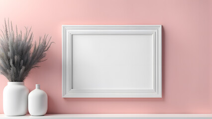 Wall Mural - a white frame on a shelf next to a vase with flowers