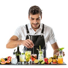 Wall Mural - Barman is making cocktail on festival isolated on white background  