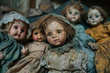 A group of old, dirty dolls are sitting on a bed