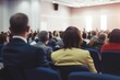 © SALEEM - Stylish business conference with audience in the hall and speaker, view from behind crowd of people sitting together during presentation or educational talk for company employees. Generative ai