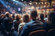 © Pro SVG Files - Stylish business conference with audience in the hall and speaker, view from behind crowd of people sitting together during presentation or educational talk for company employees. Generative ai