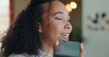 Wall Mural - Happy, woman and phone call for talking on loud speaker at home for conversation and communication. Smile, female person and smartphone for speaking or discussion with voice note in living room