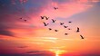 © Ibraheem - A flock of migratory birds flying in formation across a vivid sunset sky, showcasing the beauty of seasonal journeys.