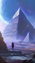 Canvas Print - a woman stands in front of a pyramid in a desert. the sky is filled with stars and a large planet ca