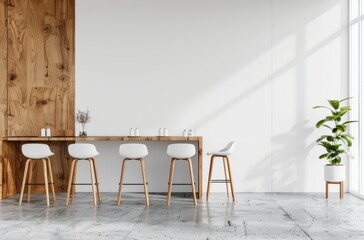 Wall Mural - A dining table with six barstools, set against an empty wall in the foreground, on a modern concrete floor with white walls in the background