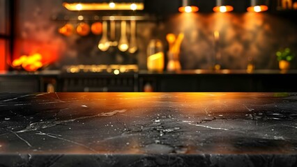 Wall Mural - Abstract kitchen background with blurred bokeh effect and empty dark marble table for product display. Concept Product Display, Abstract Kitchen, Blurred Bokeh, Dark Marble Table, Background