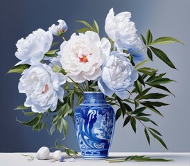 Sticker - White peonies in a ceramic vase with a blue pattern