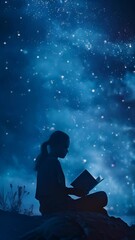 Wall Mural - a woman is reading a book under a starry sky. concept of peace and tranquility, as the woman is alon
