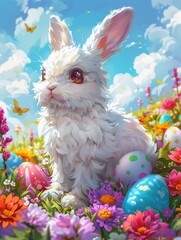 Wall Mural - White rabbit in field of flowers