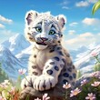 Baby snow leopard on a rock with flowers.