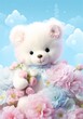 White Cute Bear Seated on Pink Flowers