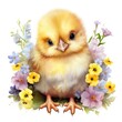 Small Yellow Chicken Sitting on Field of Flowers