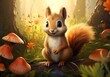 A small fluffy squirrel in a forest in a flower meadow surrounded by mushrooms.