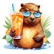 Funny capybara in sunglasses with lemonade in her paws.