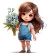 Little Girl Holds Bunch of Flowers
