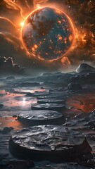Wall Mural - A large orange sun is in the sky above a rocky landscape. The sky is filled with clouds and the sun is surrounded by a fiery glow. Scene is a beautiful and serene of a planet in space. Vertical video