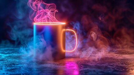 A 3D image of a coffee mug with a neon effect