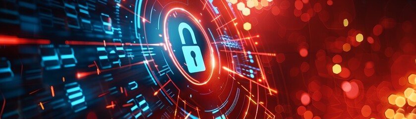 Glowing digital padlock symbol over red and blue code, cybersecurity concept