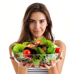 Wall Mural - Woman holding a salad bowl isolated on white background  