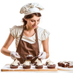 Wall Mural - Woman making cupcakes isolated on white background  